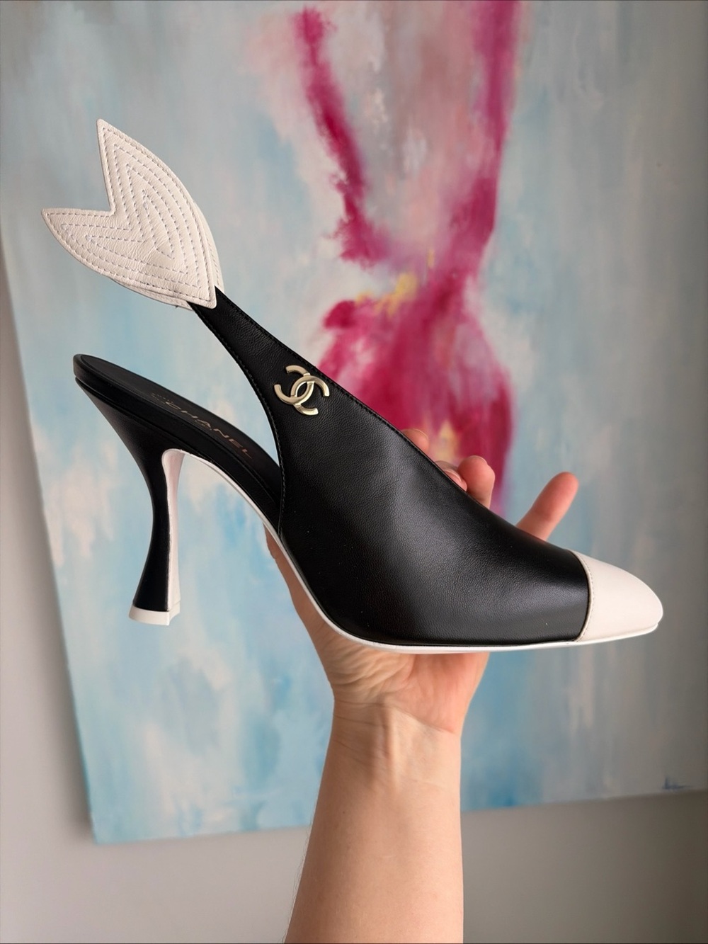 Chanel Slingback with wing lambskin black and white Blazy size 38.5 new/receipt